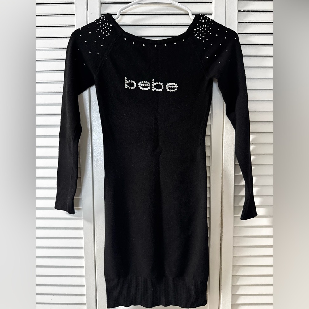 bebe Black Long Sleeve Rhinestone Logo Sweater Dress